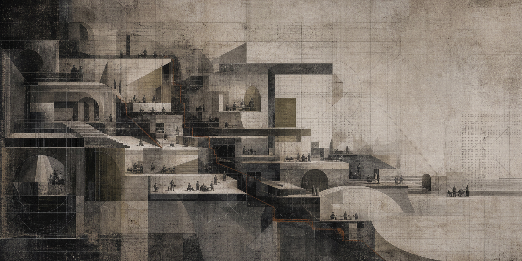 A layered academy-like system of chambers, passages and researchers